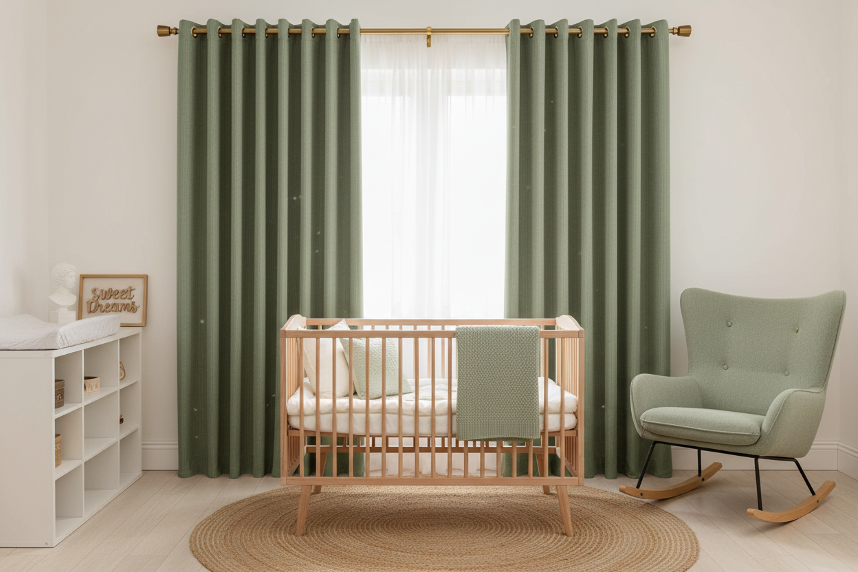 Chambre de bébé avec rideaux VERANO vert clair et anneaux
