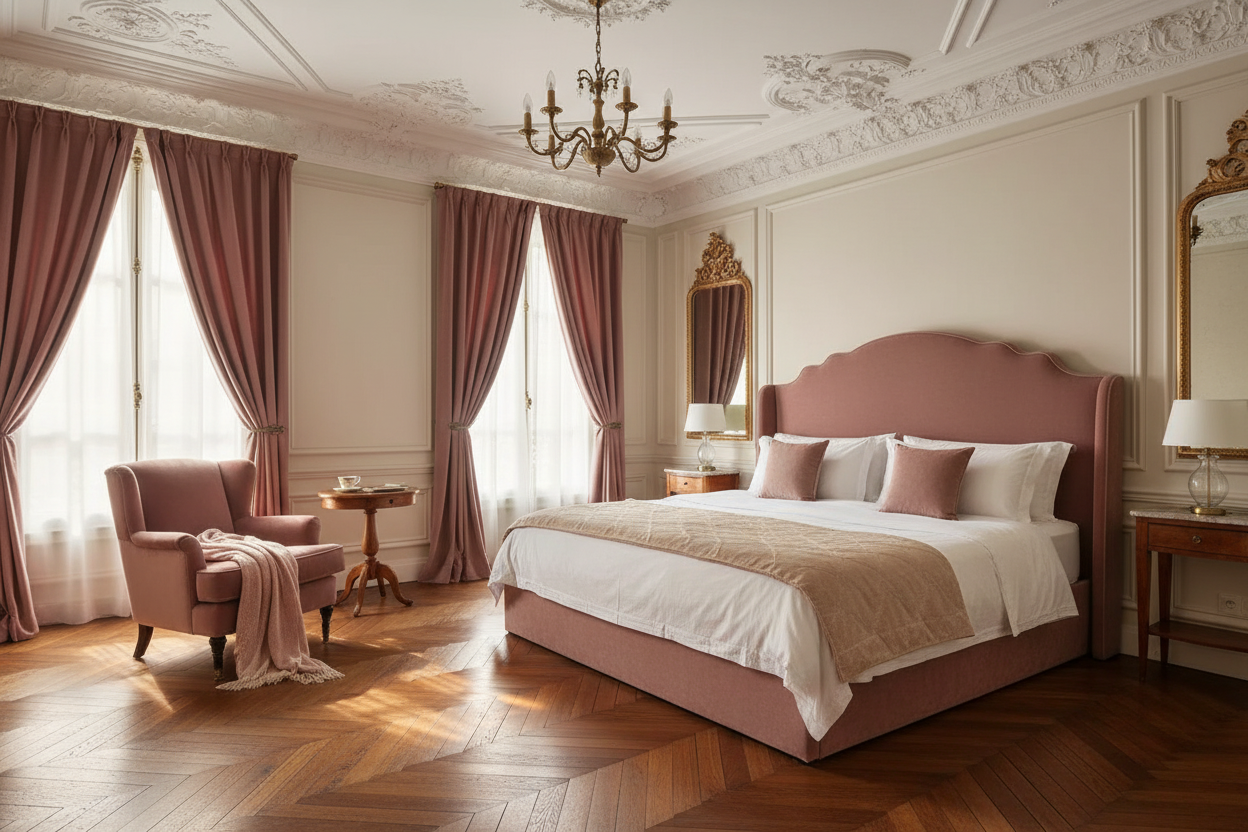 Chambre Haussmannienne avec rideau rose velours