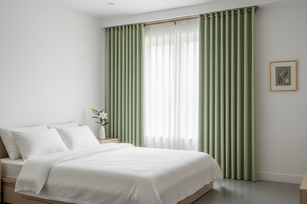 Chambre élégante avec rideaux BELMOND vert romarin et anneaux