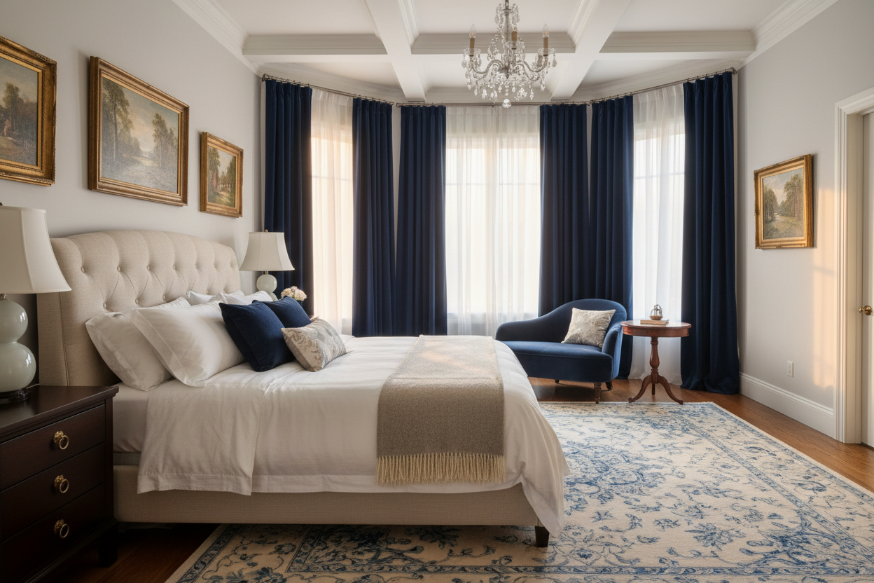 Chambre luxueuse avec rideaux bleu marine