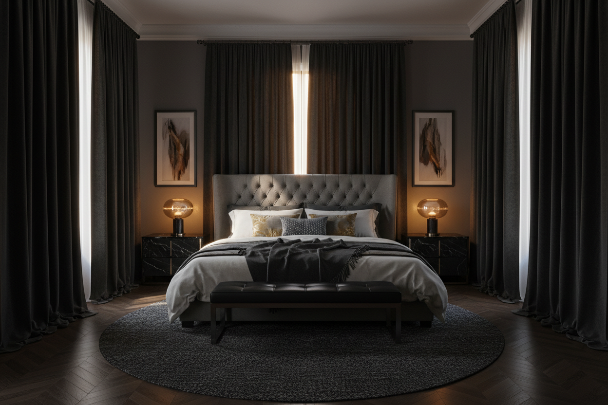 Chambre luxueuse avec rideaux noirs en velours