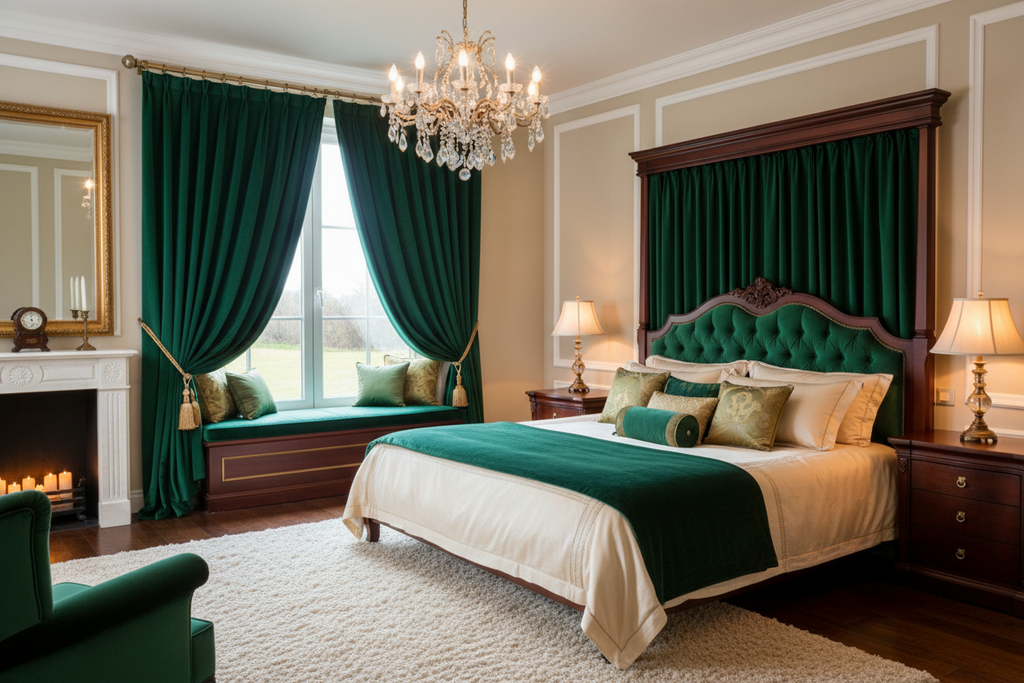 Chambre luxueuse avec rideaux vert émeraude