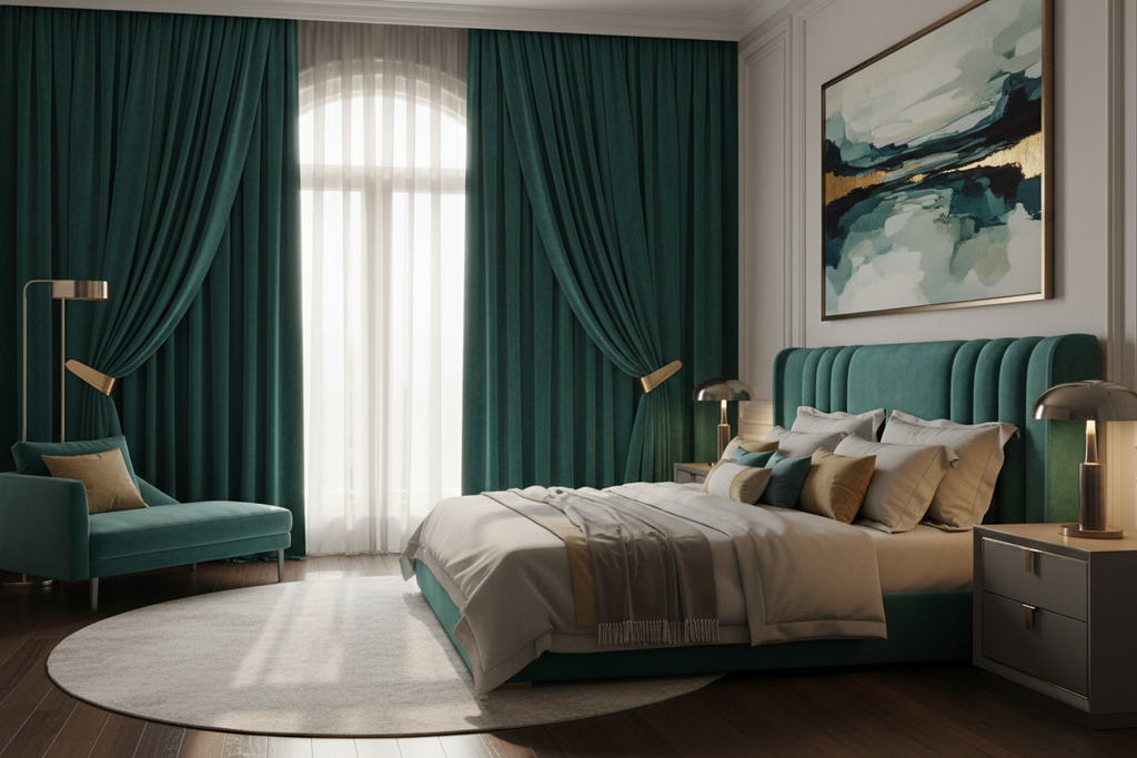 Chambre luxueuse avec rideaux vert turquoise