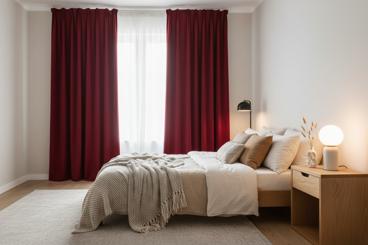 Chambre moderne avec rideau bordeaux velours