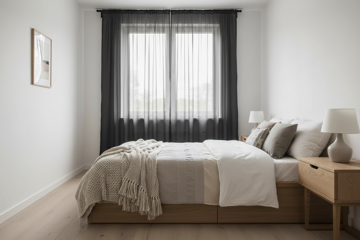 Chambre moderne avec rideau noir voilage