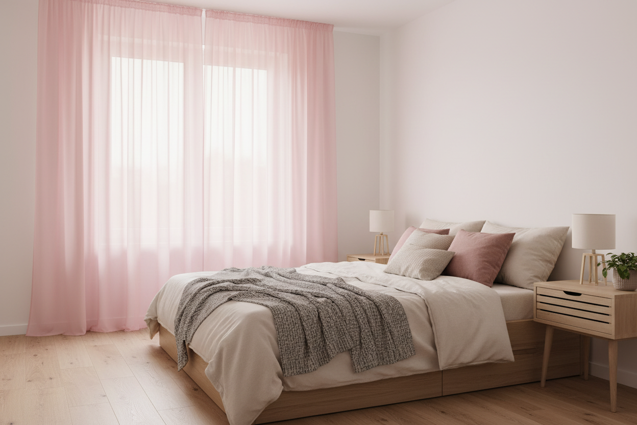 Chambre moderne avec rideau rose voilage