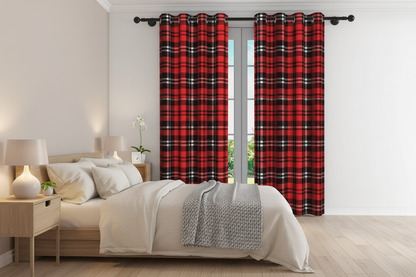 Chambre moderne avec rideau rouge à carreaux jaunes