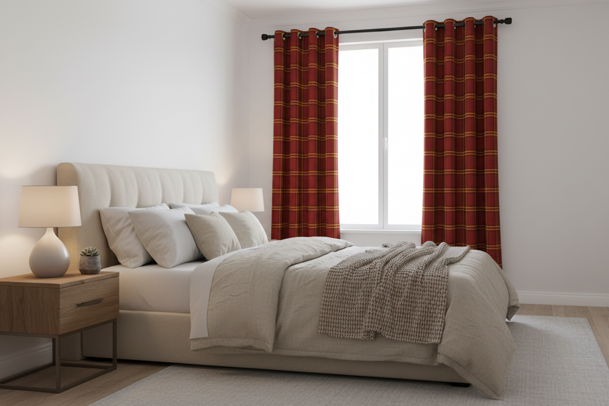 Chambre moderne avec rideau rouge à carreaux jaunes