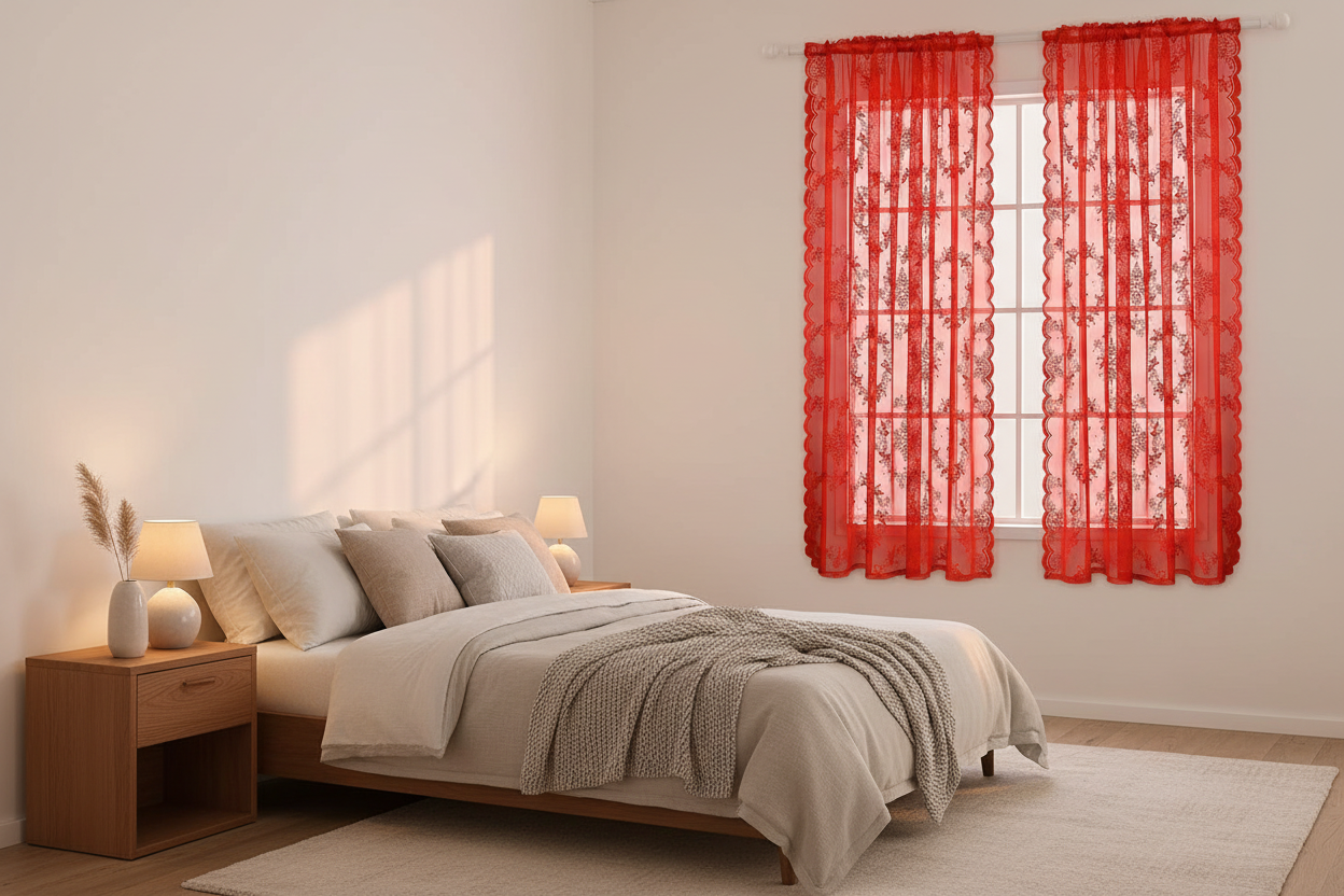 Chambre moderne avec rideau rouge voilage