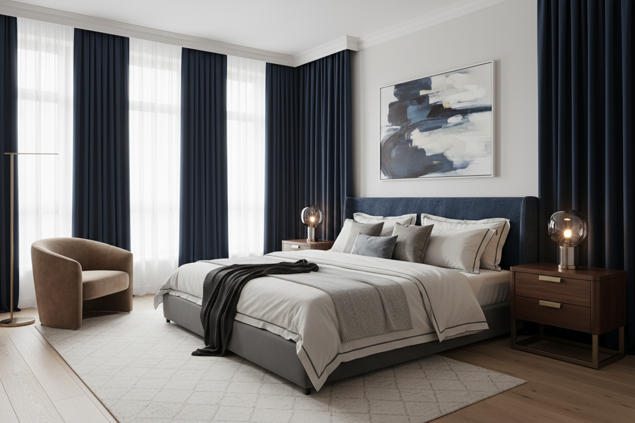 Chambre moderne avec rideaux bleu marine