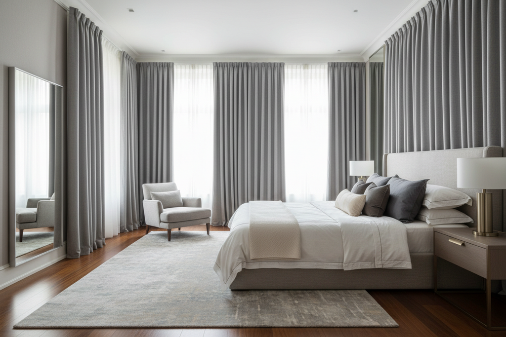 Chambre moderne avec rideaux gris