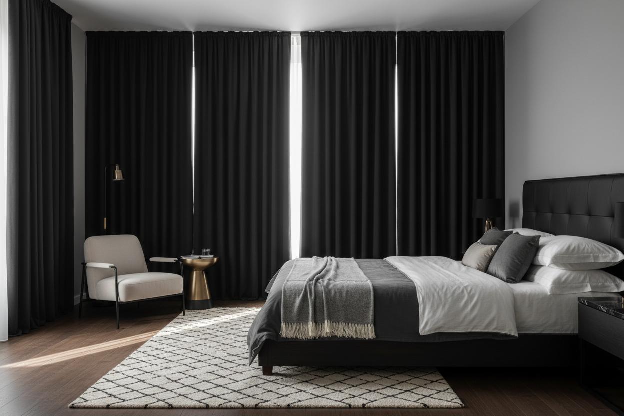 Chambre moderne avec rideaux noir