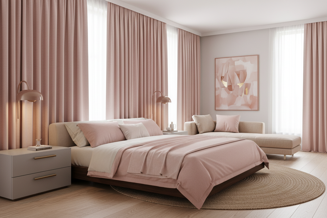 Chambre moderne avec rideaux rose