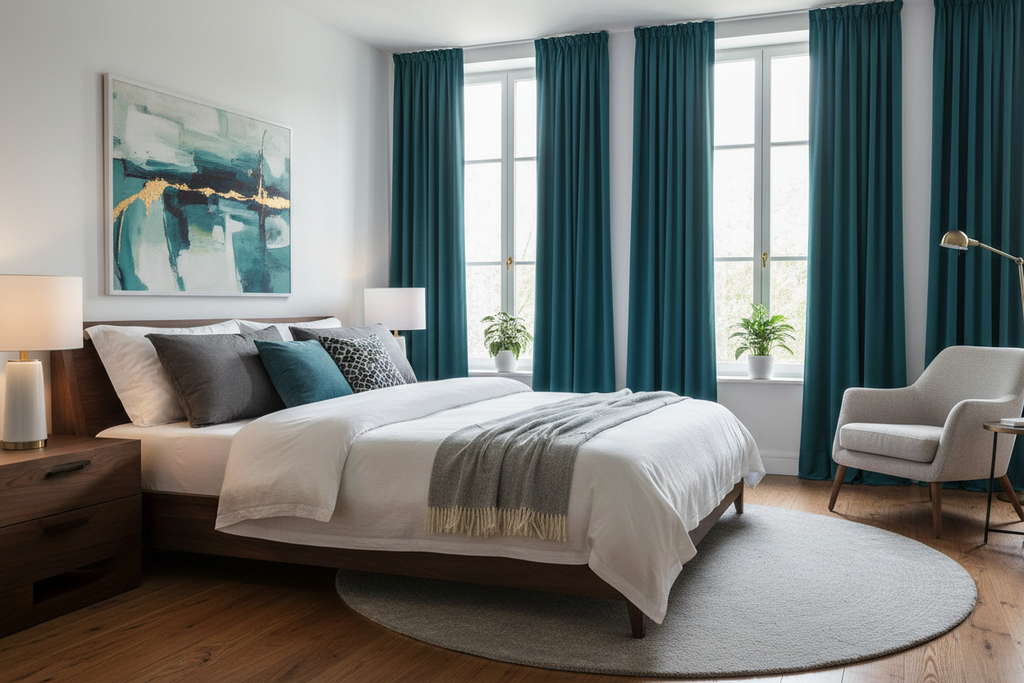 Chambre moderne avec rideaux vert turquoise