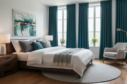Chambre moderne avec rideaux vert turquoise