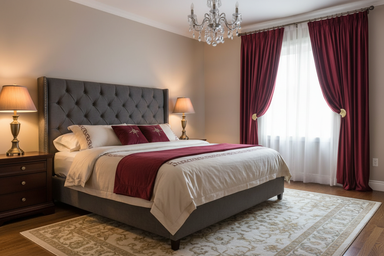 Chambre principale avec rideau bordeaux velours