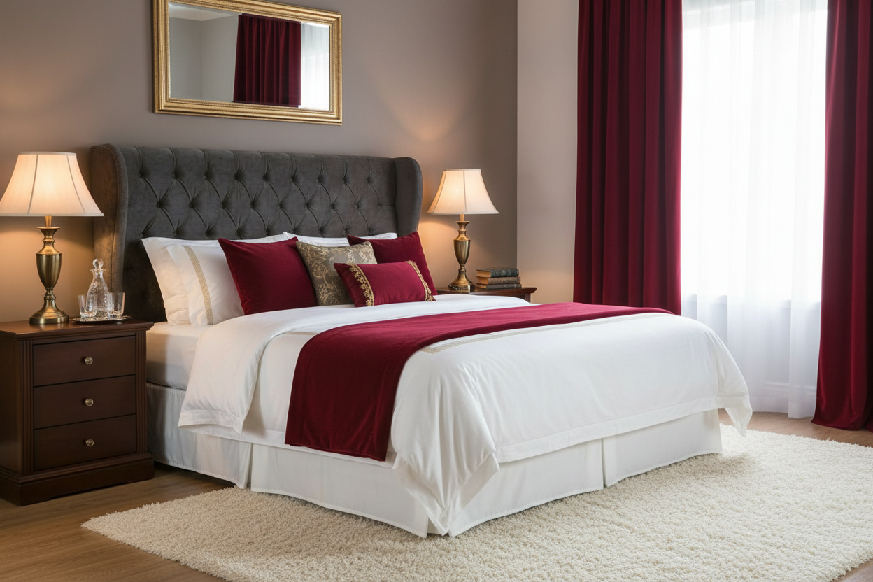 Chambre principale avec rideau bordeaux velours