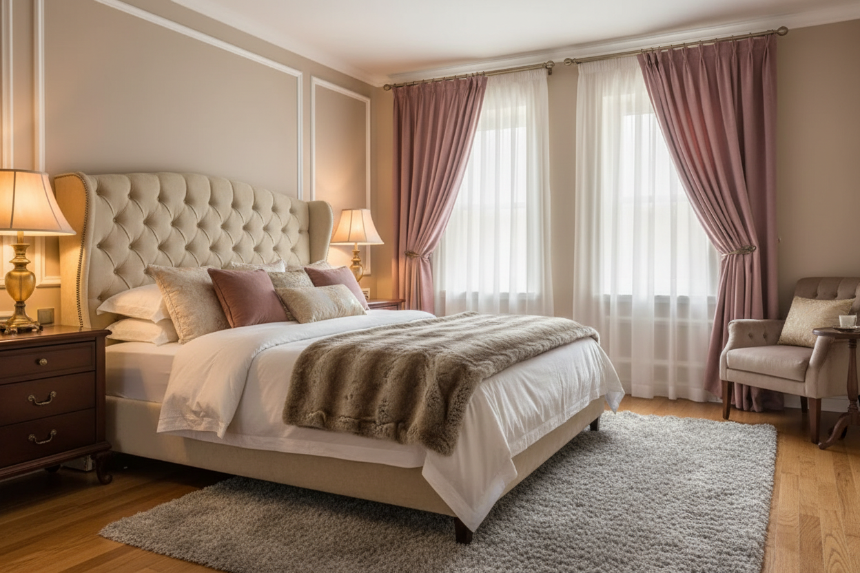 Chambre principale avec rideau rose velours