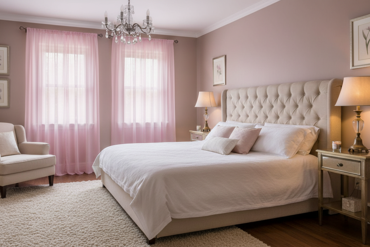 Chambre principale avec rideau rose voilage