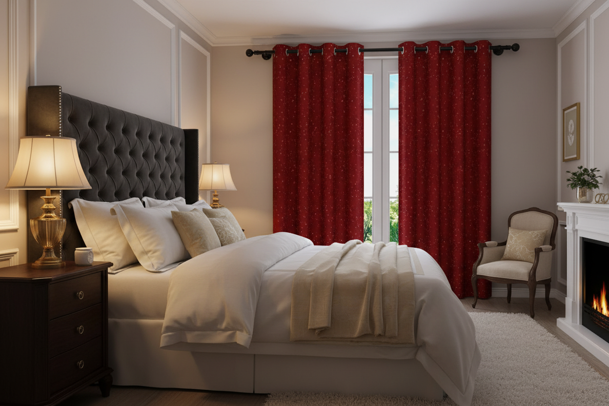 Chambre principale avec rideau rouge à points dorés