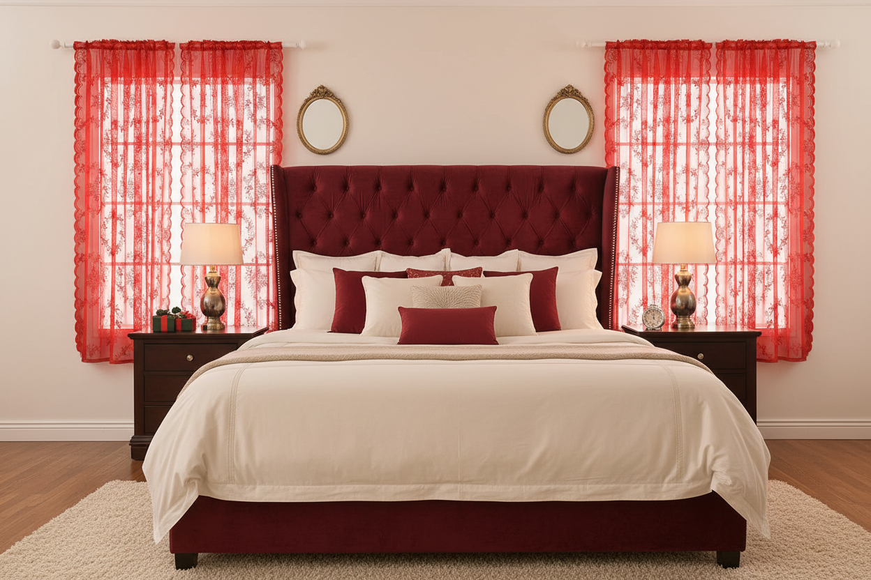 Chambre principale avec rideau rouge voilage