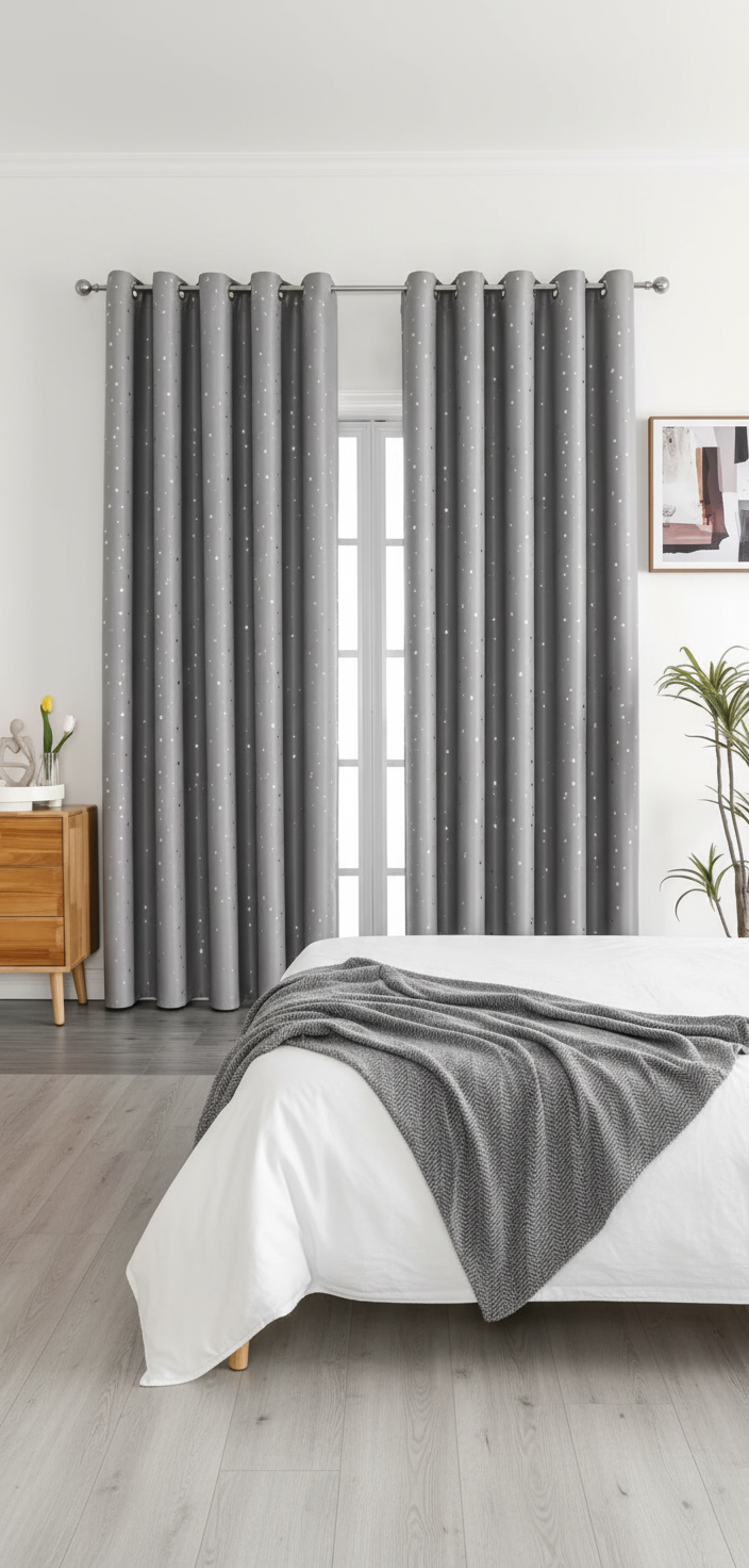 Chambre rideaux occultants gris étoiles