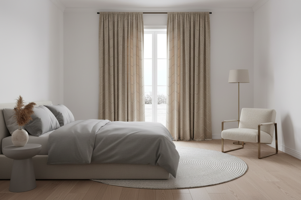 Chambre rideaux velours beige