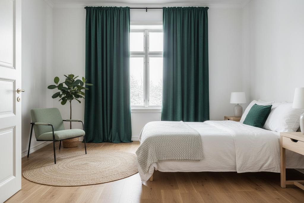 Chambre rideaux vert émeraude