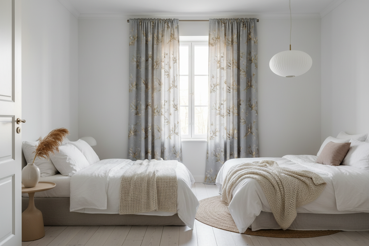 Chambre scandinave rideaux gris