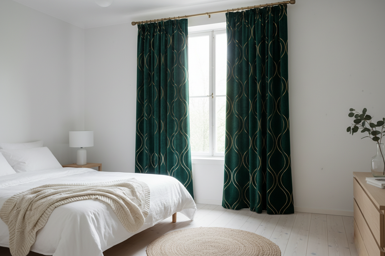 Chambre scandinave rideaux verts
