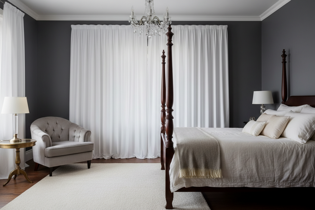 Chambre sophistiquée avec rideaux blanc occultants