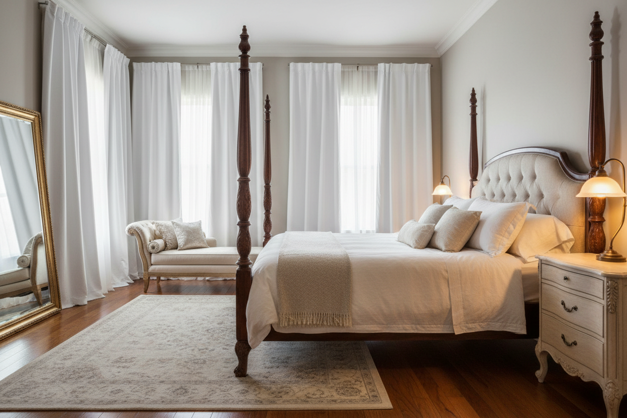 Chambre sophistiquée avec rideaux blanc