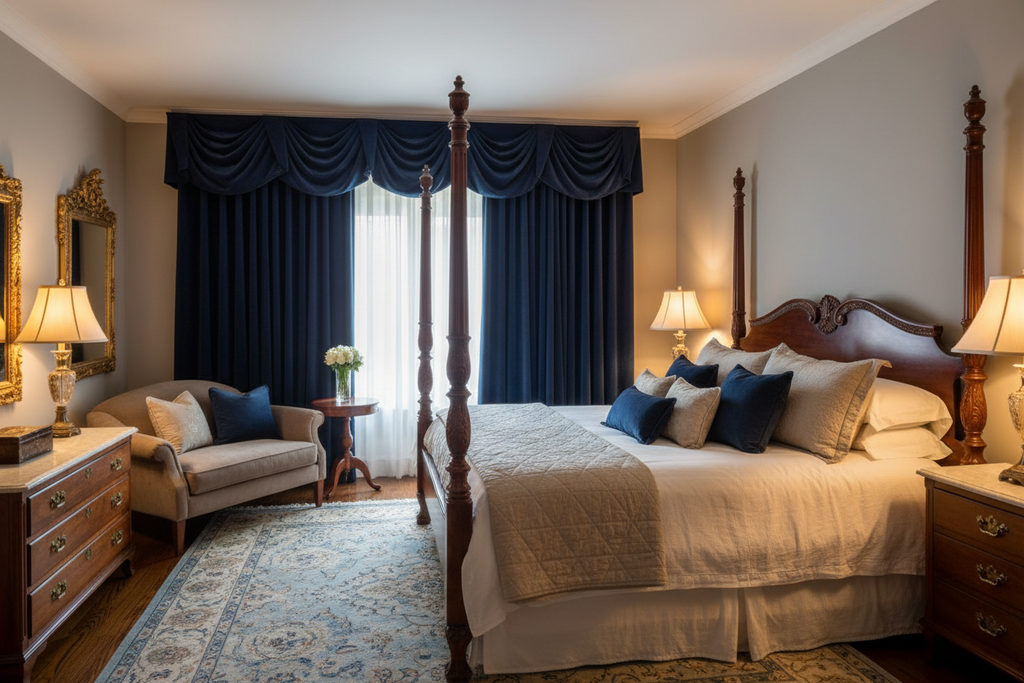 Chambre sophistiquée avec rideaux bleu marine