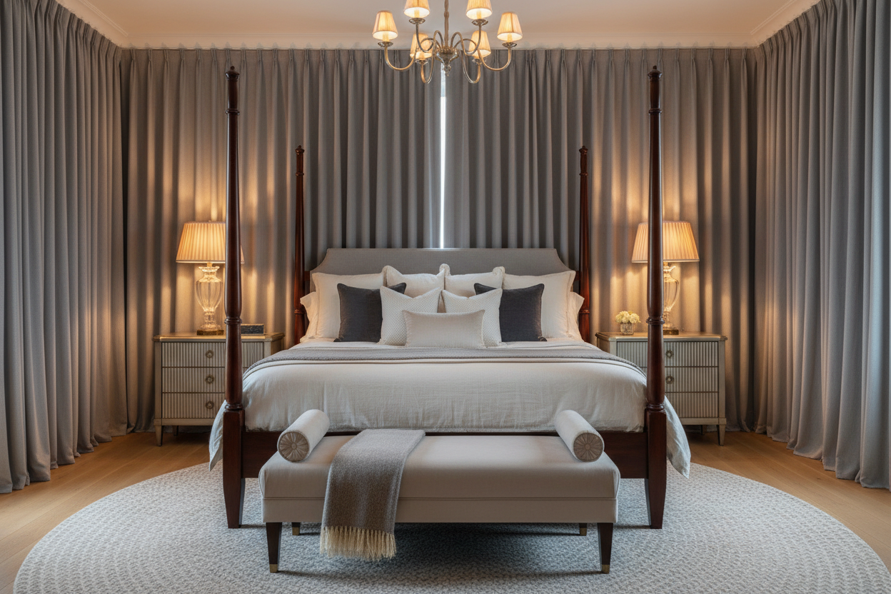 Chambre sophistiquée avec rideaux gris