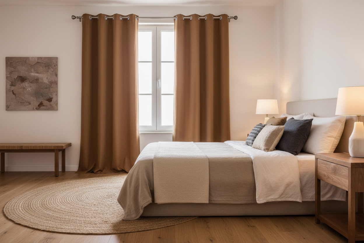 Chambre sophistiquée avec rideaux marron