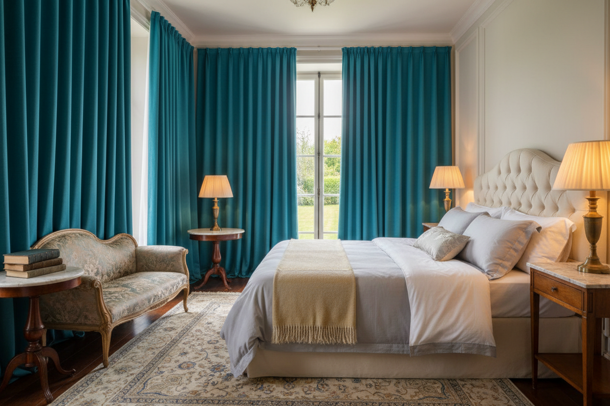 Chambre sophistiquée avec rideaux vert turquoise