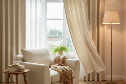 Coin lecture avec rideau beige AURA 3