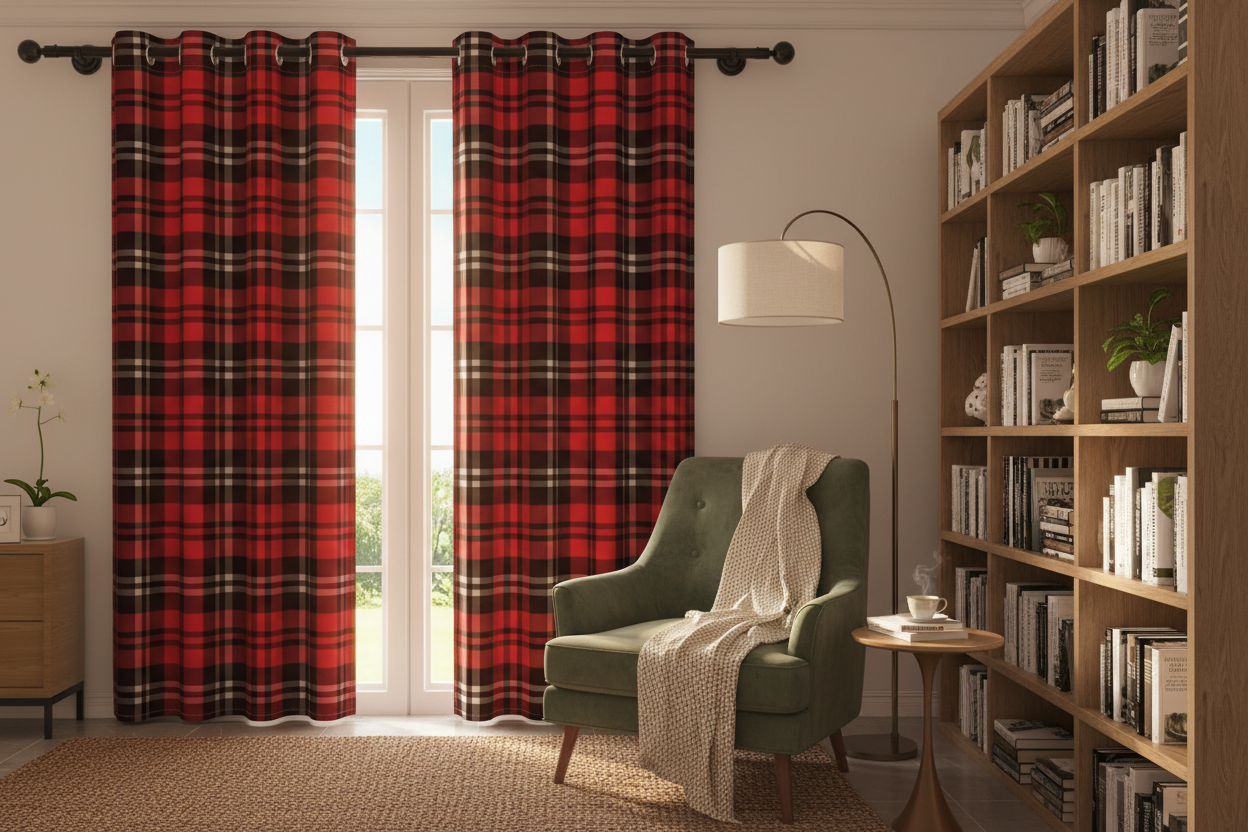 Coin lecture avec rideau rouge à carreaux jaunes