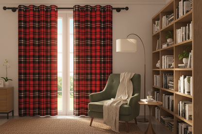 Coin lecture avec rideau rouge à carreaux jaunes