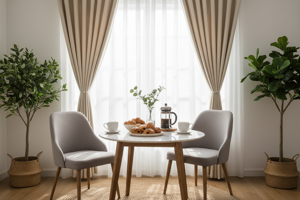 Coin petit-déjeuner avec rideau beige VELINOR