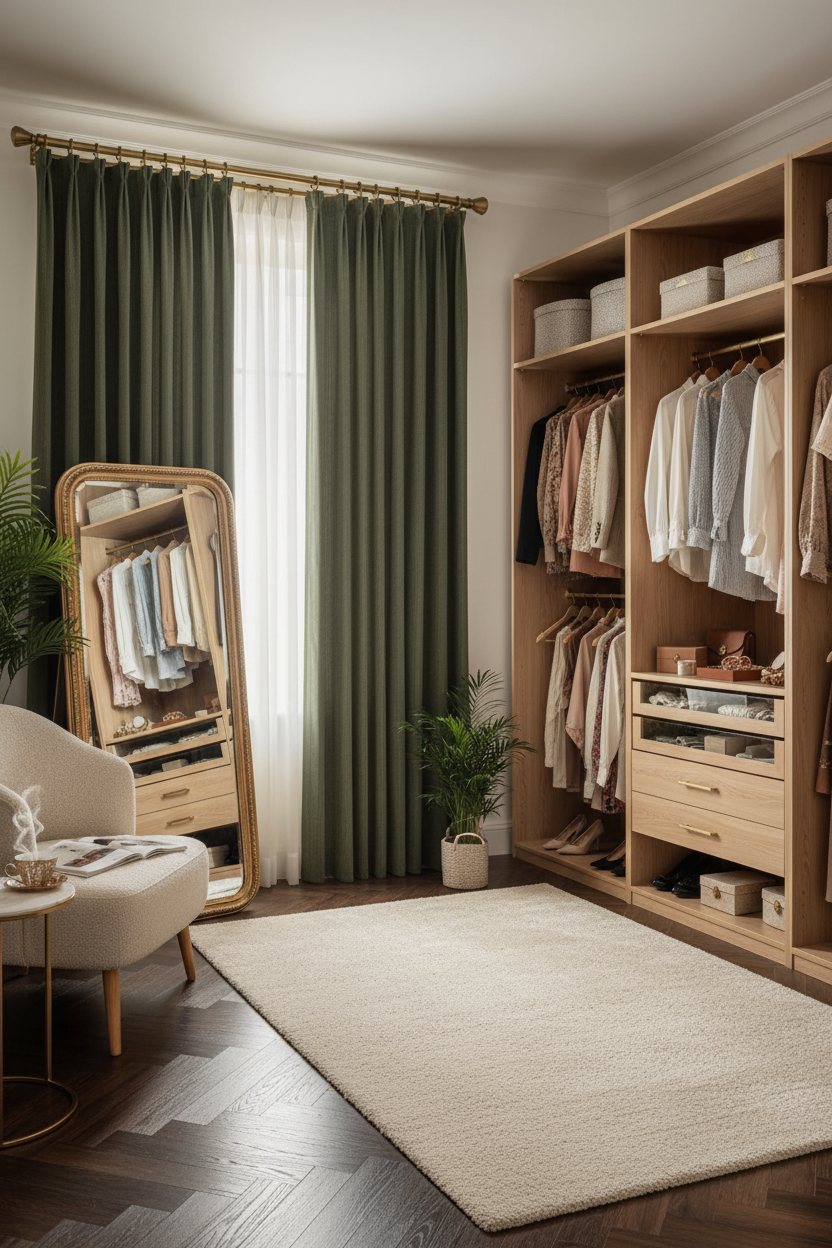 Dressing élégant avec rideaux VERANO vert clair et anneaux