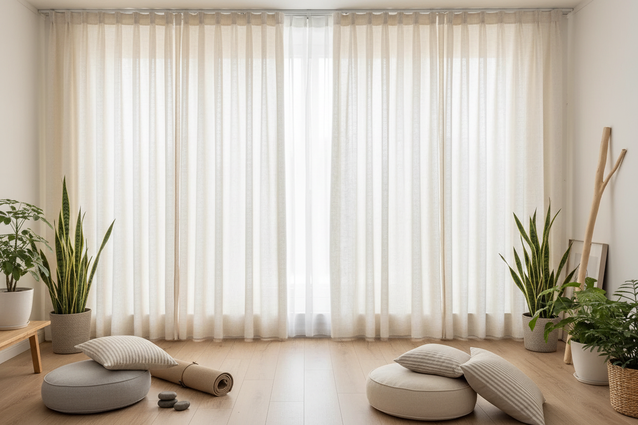 Espace yoga avec rideau beige HARMONIE
