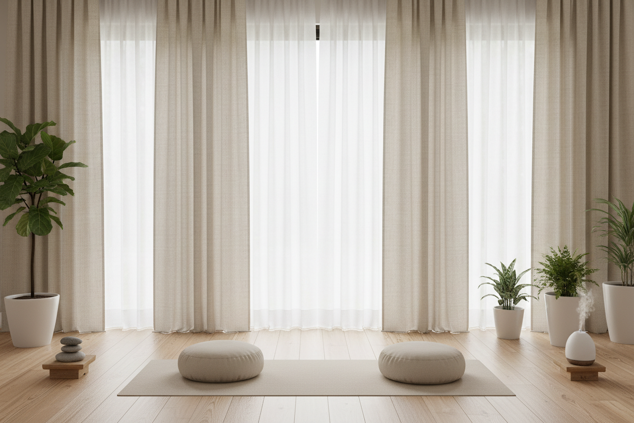 Espace yoga avec rideau beige SERENA