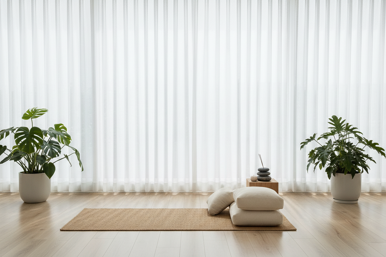 Espace yoga avec rideau Homyra - texture authentique