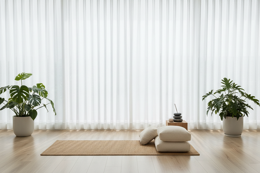 Espace yoga avec rideau Homyra - texture authentique