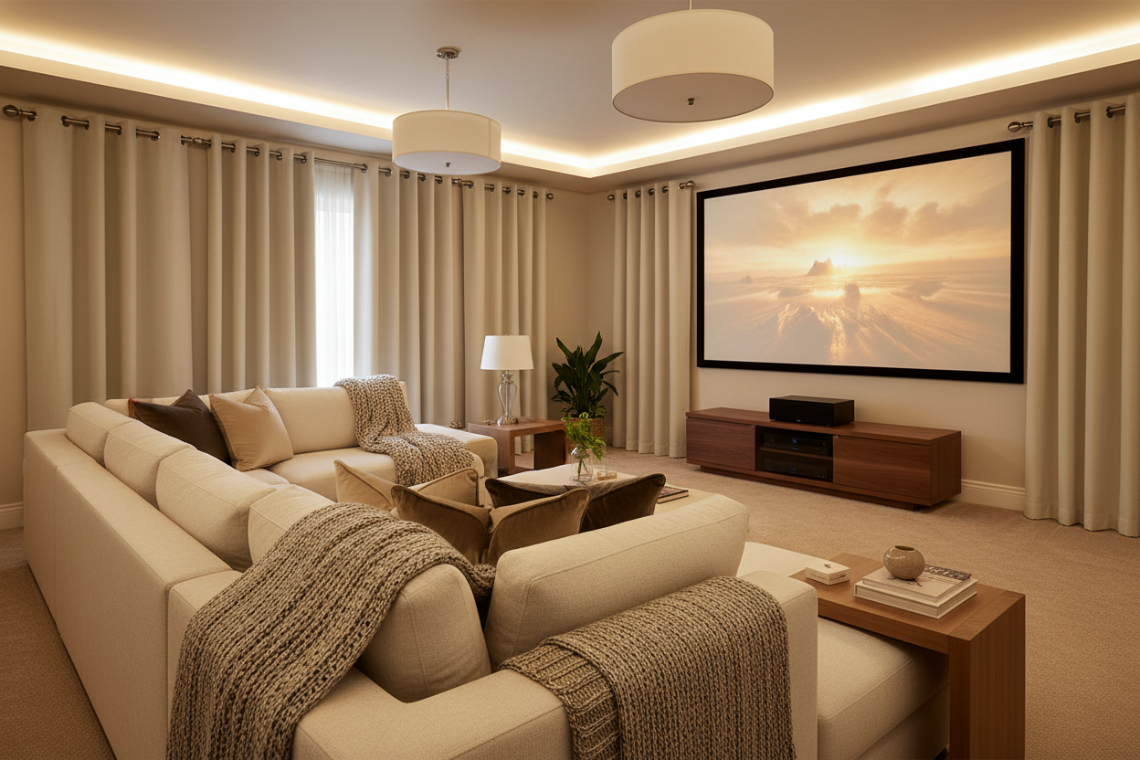 Home cinéma avec rideau beige VELINOR