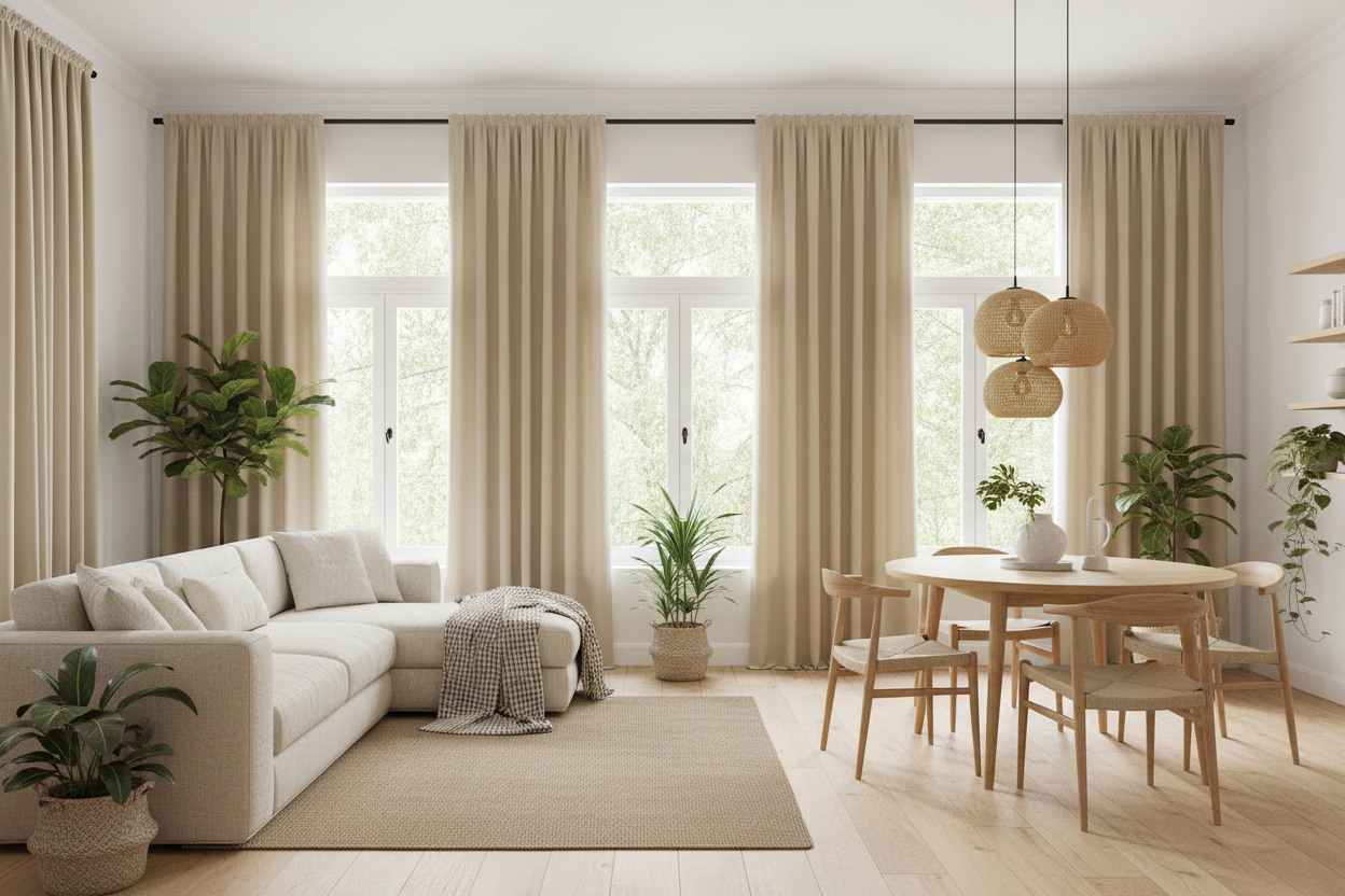 Living ouvert avec rideau beige AURA 3