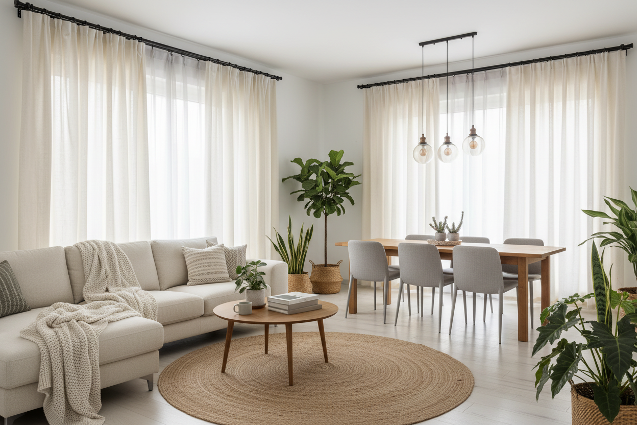 Living ouvert avec rideau beige HARMONIE