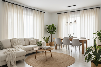 Living ouvert avec rideau beige HARMONIE