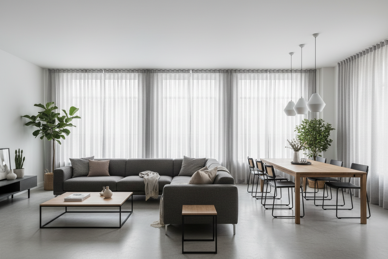 Living ouvert avec rideau gris SERENA